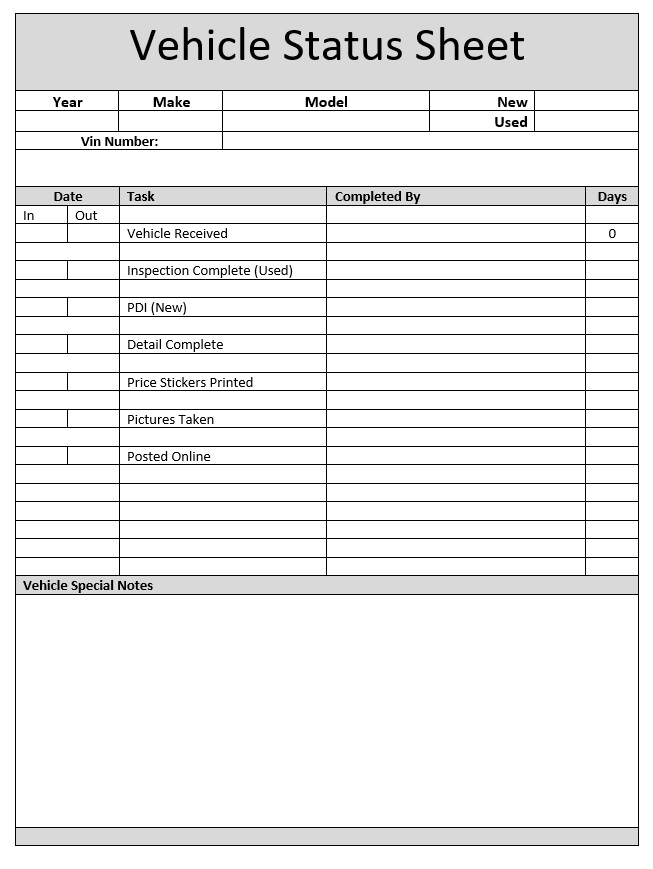 Form – Vehicle Status Sheet